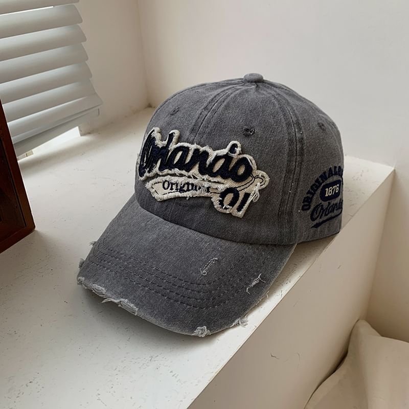 Lettering Applique Distressed Baseball Cap Washed