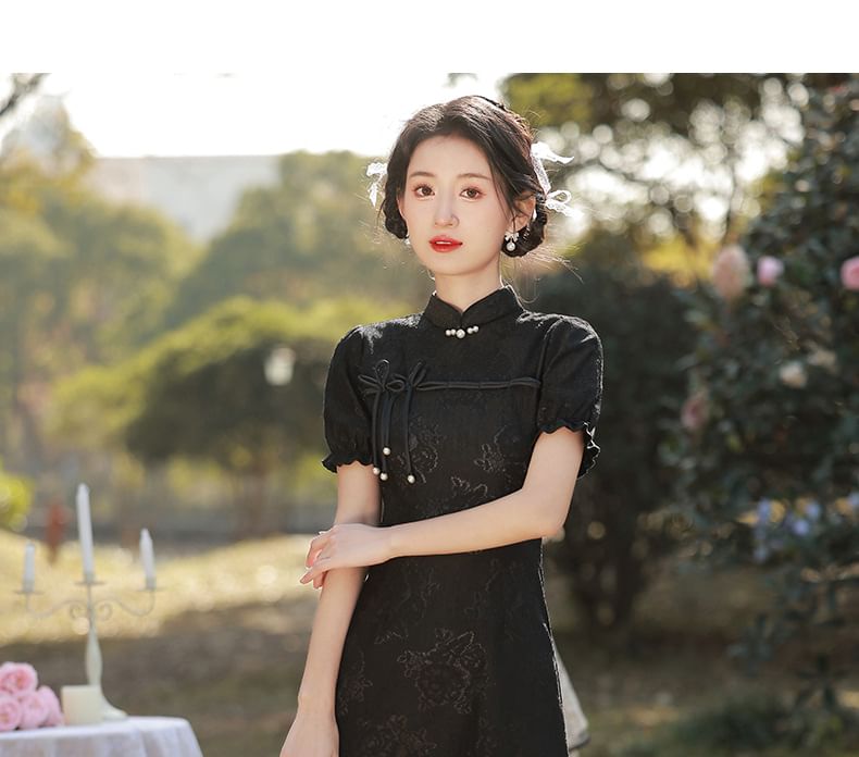 Puff-Sleeve Stand Collar Bow Mini A-Line Lace Dress