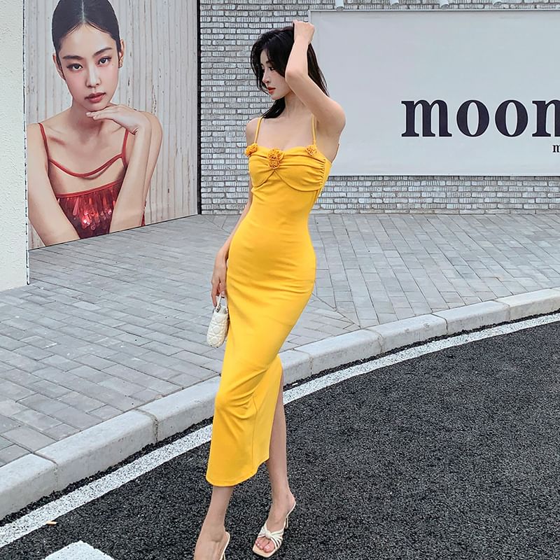 Spaghetti Strap Plain Floral Shirred Midi Bodycon Dress