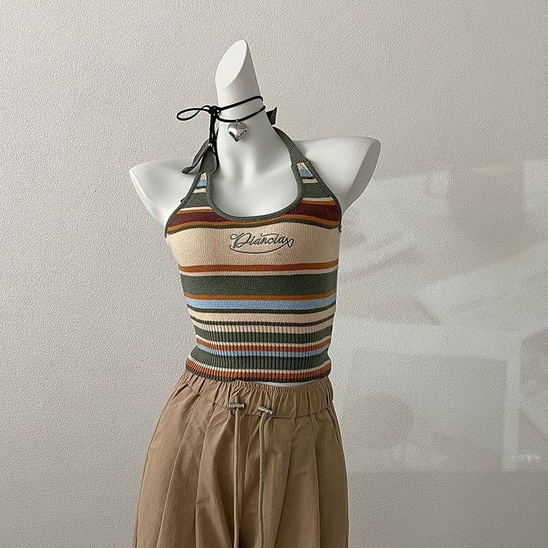 Letter Embroidered Top Halter Striped