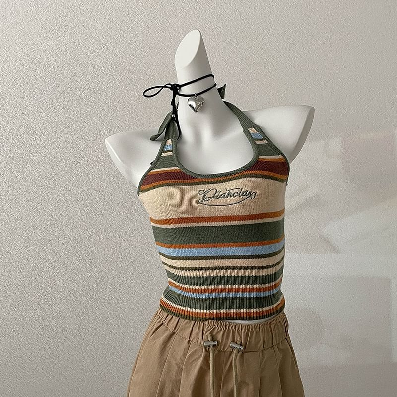 Letter Embroidered Top Halter Striped