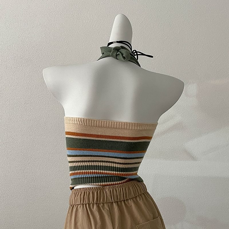 Letter Embroidered Top Halter Striped