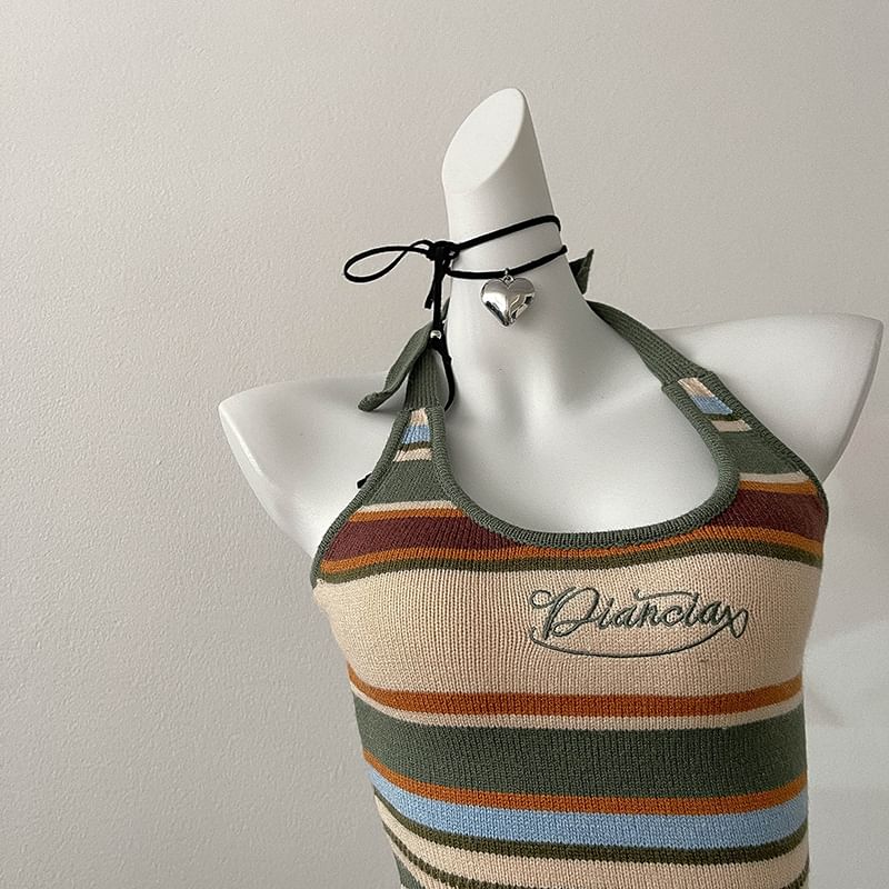 Letter Embroidered Top Halter Striped