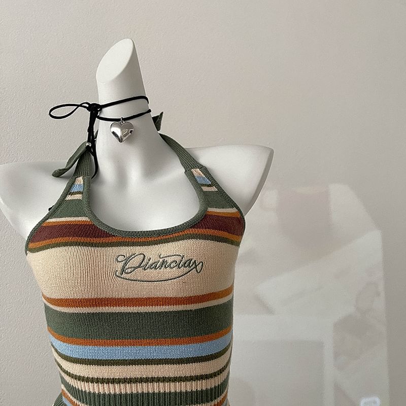 Letter Embroidered Top Halter Striped