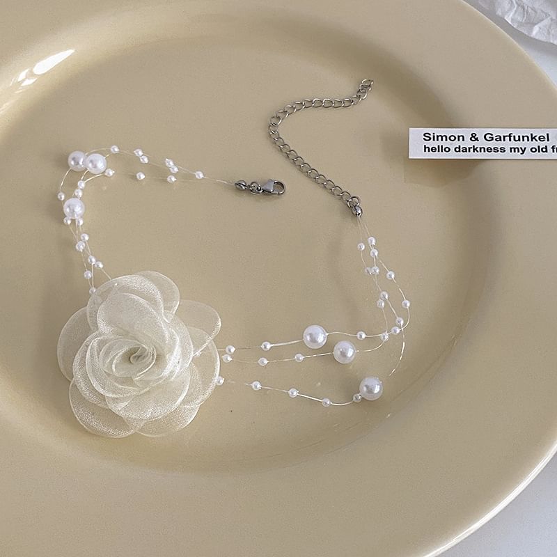 Choker Layered Faux / Floral Pearl