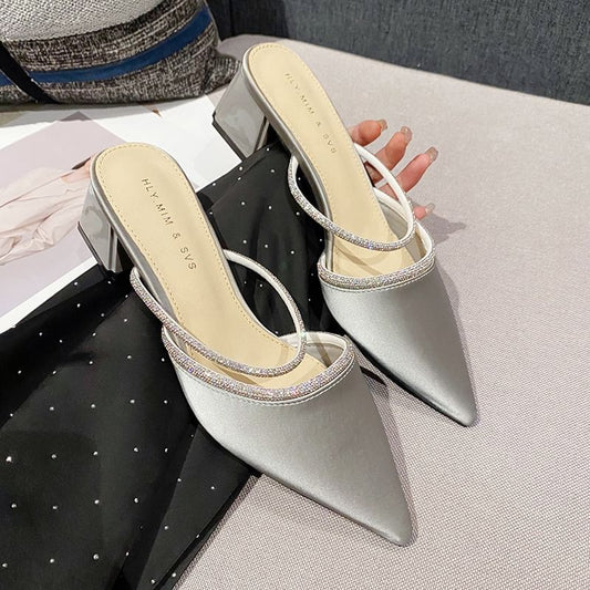 Chunky-Heel Pointed-Toe Slippers Rhinestone