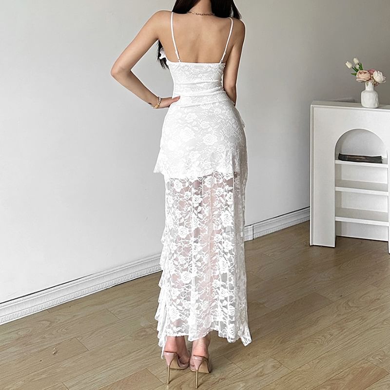 Spaghetti Dress Plain Lace V-Neck Strap Midi