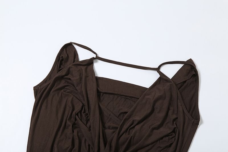 Spaghetti Plain Mini Sheath Strap Cowl Dress Neck