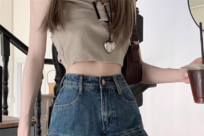 Washed A-Line High Mini Skirt Rise Denim Pleated