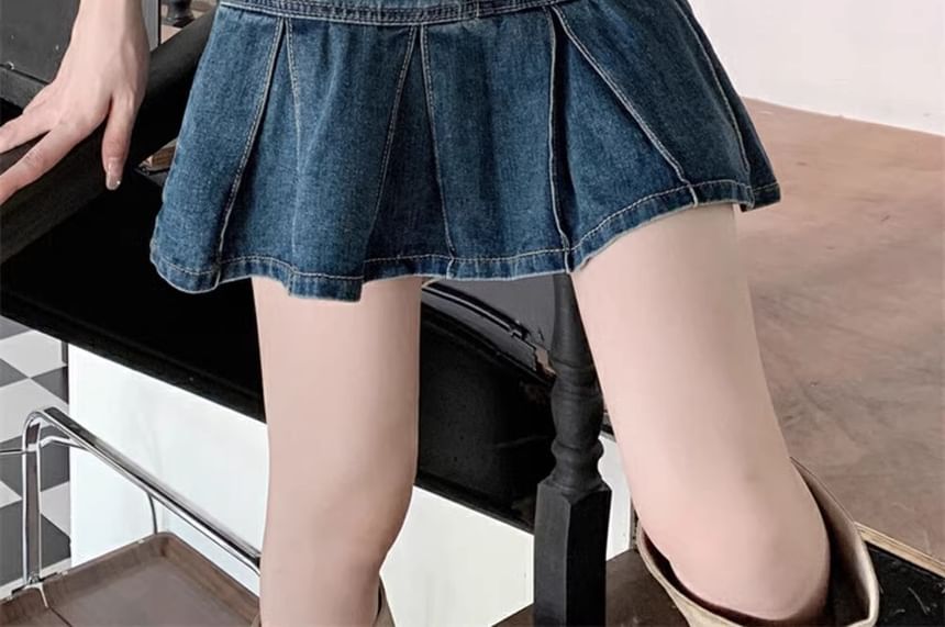 Washed A-Line High Mini Skirt Rise Denim Pleated