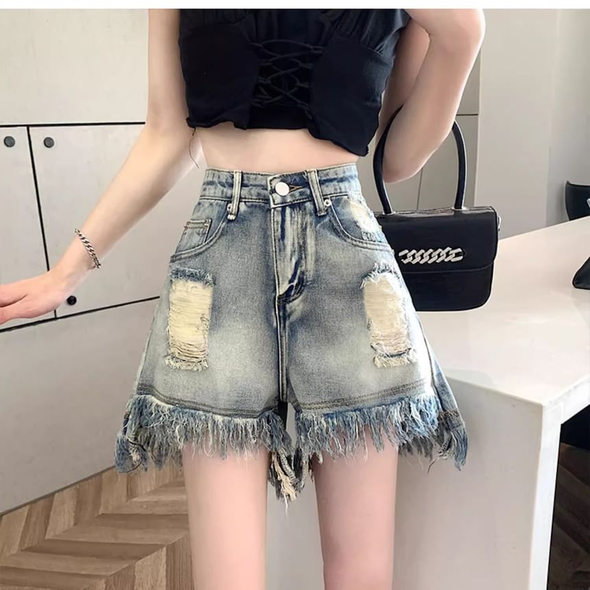 Fringe Waist High Distressed Shorts Washed Denim