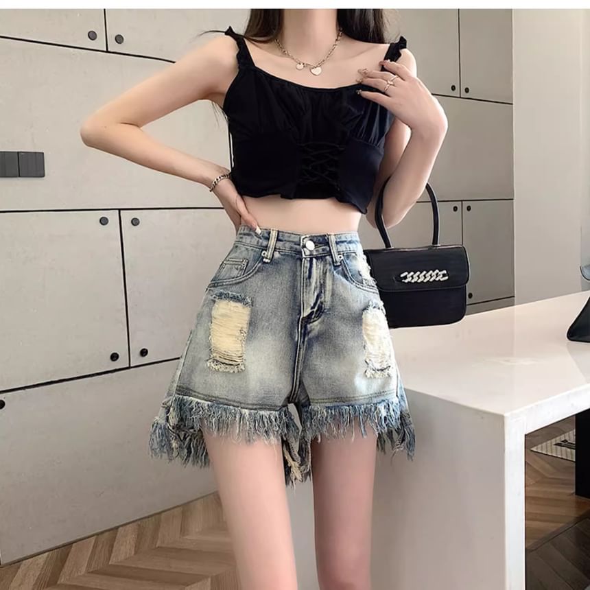 Fringe Waist High Distressed Shorts Washed Denim