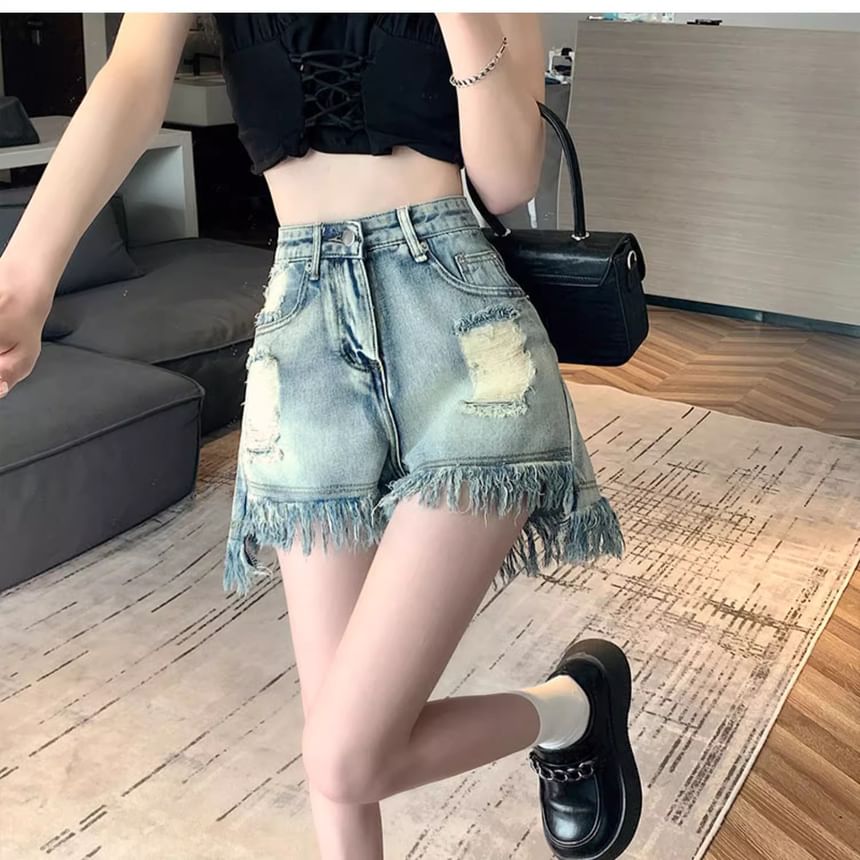 Fringe Waist High Distressed Shorts Washed Denim