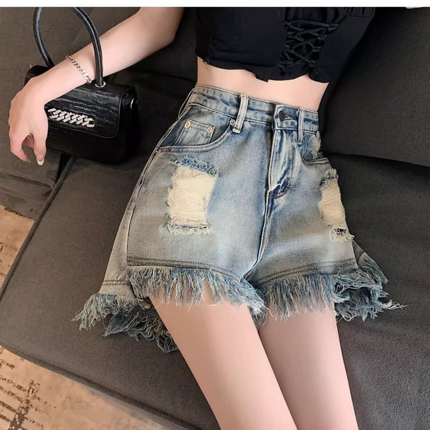 Fringe Waist High Distressed Shorts Washed Denim