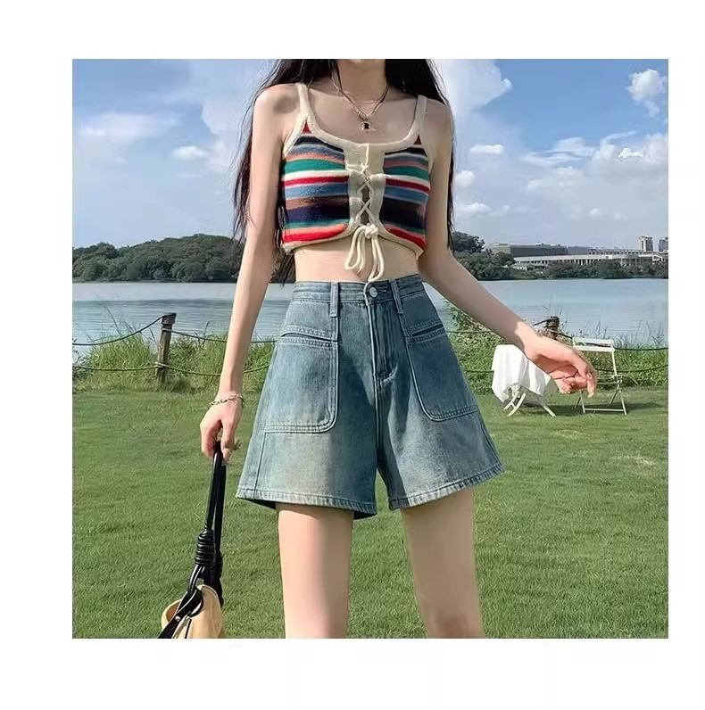 High Denim Shorts Waist Washed