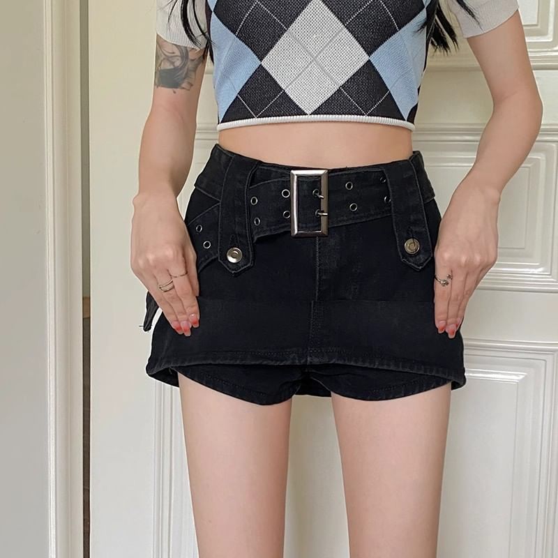High Skort Belted Mini A-Line Waist Denim