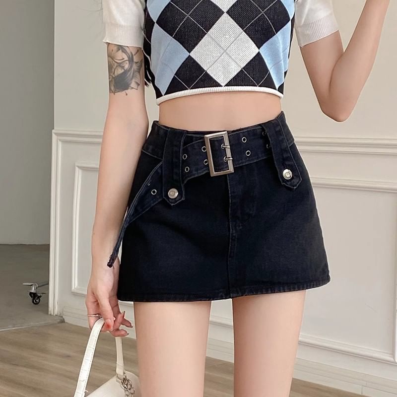 High Skort Belted Mini A-Line Waist Denim