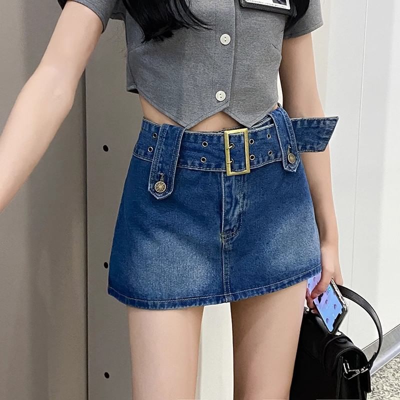 High Skort Belted Mini A-Line Waist Denim