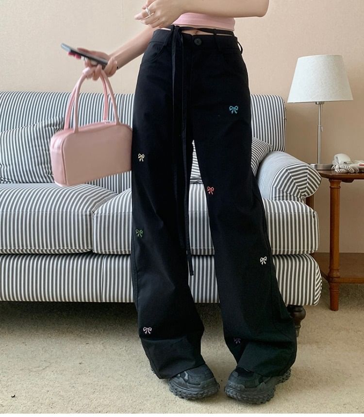 Embroidered Mid Tie-Up Wide Bow Pants Leg Waist