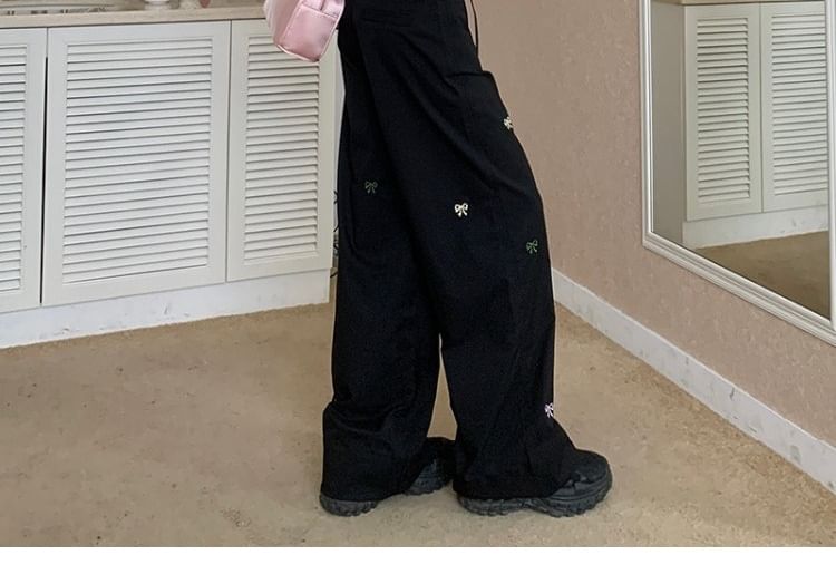 Embroidered Mid Tie-Up Wide Bow Pants Leg Waist