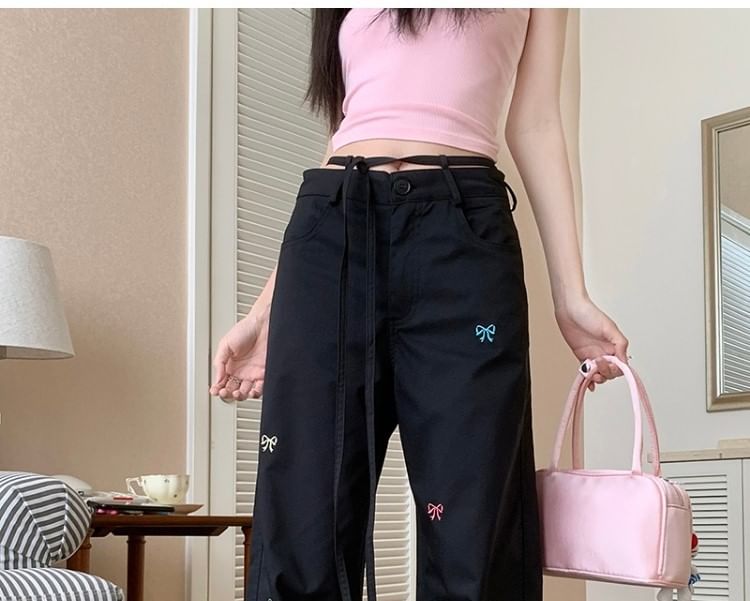 Embroidered Mid Tie-Up Wide Bow Pants Leg Waist
