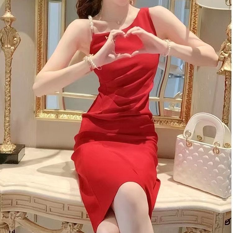 Slit Sleeveless Dress Plain Ruched Faux Midi Strap Pearl A-Line