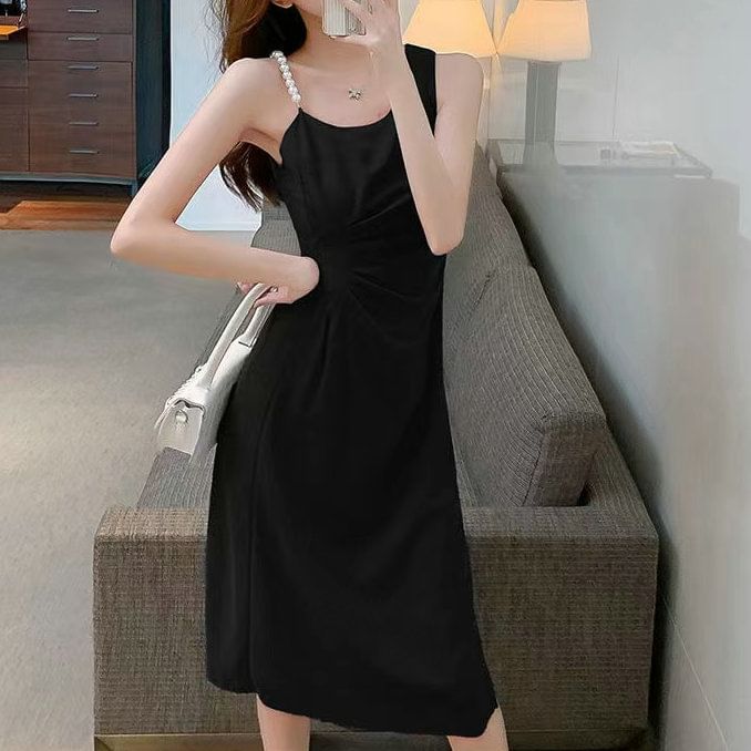 Slit Sleeveless Dress Plain Ruched Faux Midi Strap Pearl A-Line