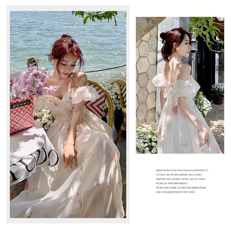 Dress Cold-Shoulder Floral Puff-Sleeve A-Line Midi