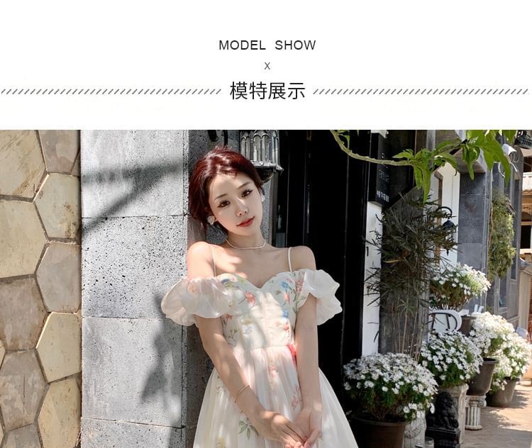 Dress Cold-Shoulder Floral Puff-Sleeve A-Line Midi