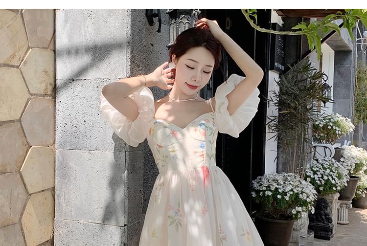 Dress Cold-Shoulder Floral Puff-Sleeve A-Line Midi