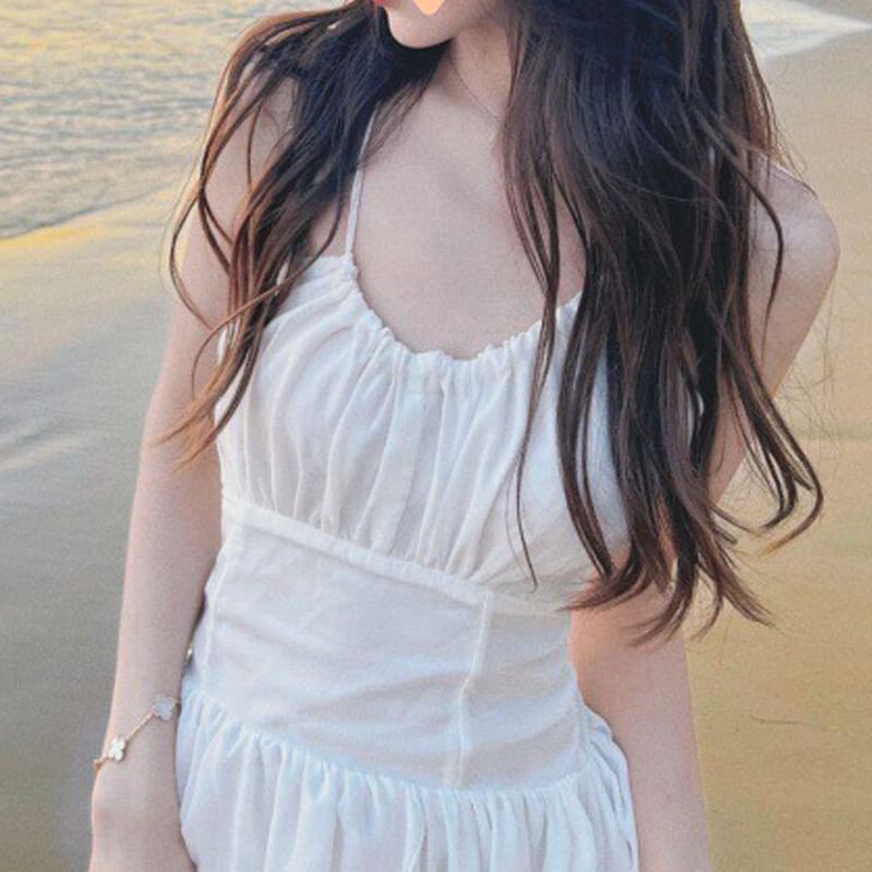 Spaghetti Plain Strap Open Back Sundress Lace-Up Maxi