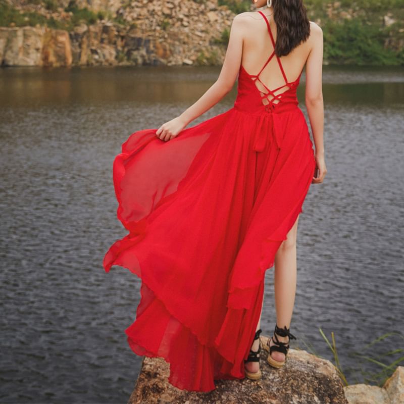Spaghetti Plain Strap Open Back Sundress Lace-Up Maxi