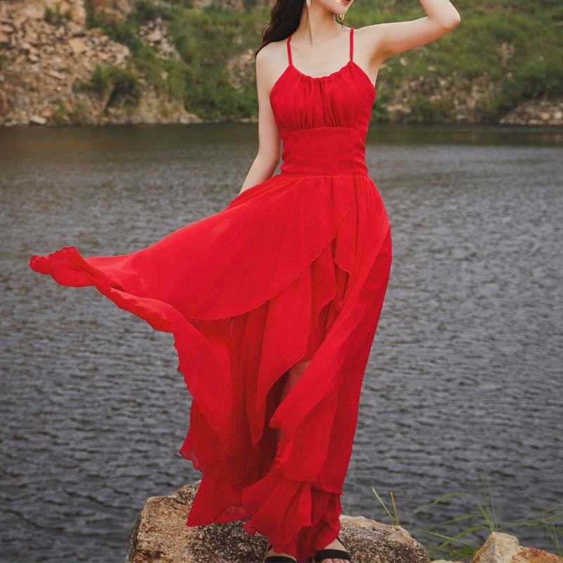 Spaghetti Plain Strap Open Back Sundress Lace-Up Maxi