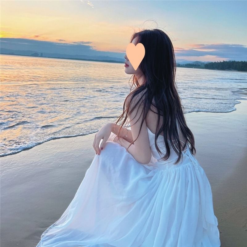 Spaghetti Plain Strap Open Back Sundress Lace-Up Maxi