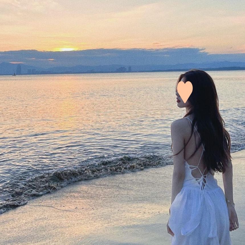 Spaghetti Plain Strap Open Back Sundress Lace-Up Maxi