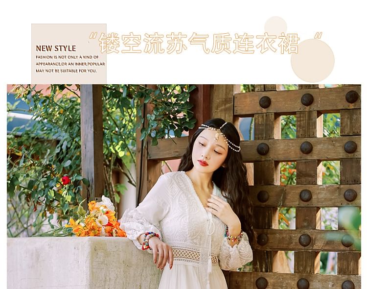 Maxi Plain V-Neck Trim A-Line Puff-Sleeve Dress Lace