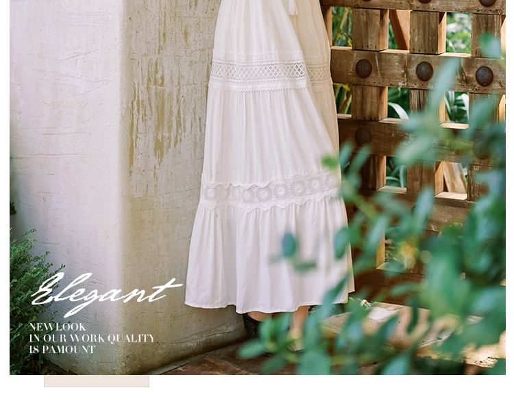 Maxi Plain V-Neck Trim A-Line Puff-Sleeve Dress Lace