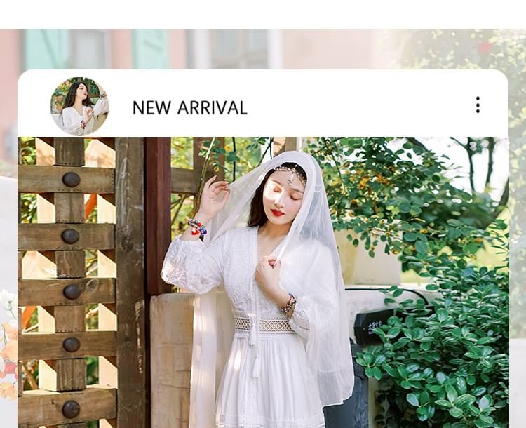 Maxi Plain V-Neck Trim A-Line Puff-Sleeve Dress Lace