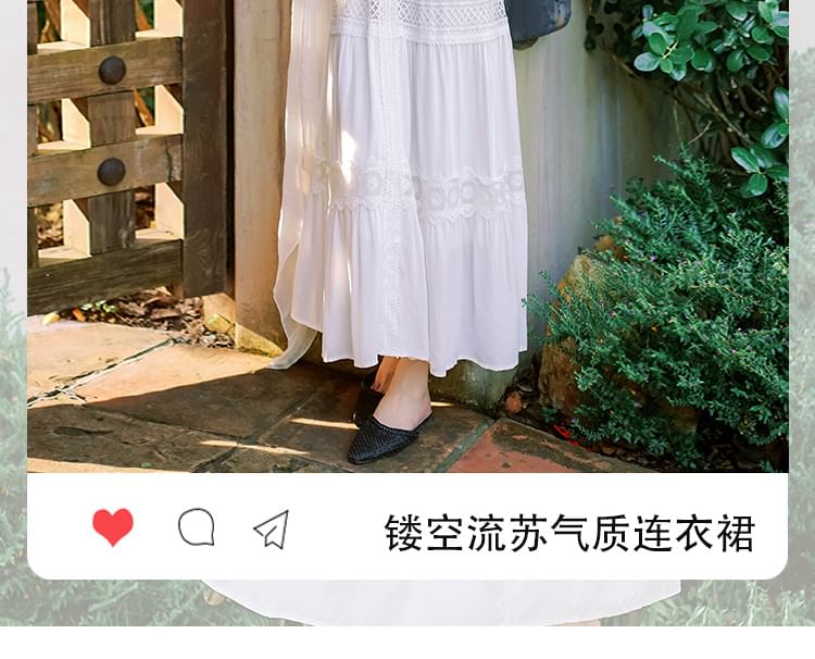 Maxi Plain V-Neck Trim A-Line Puff-Sleeve Dress Lace