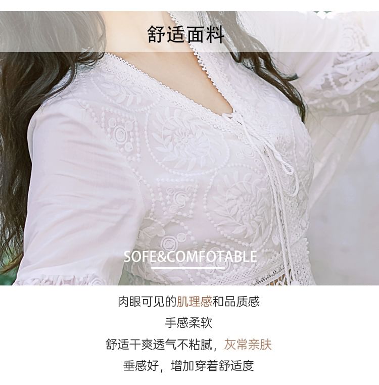 Maxi Plain V-Neck Trim A-Line Puff-Sleeve Dress Lace