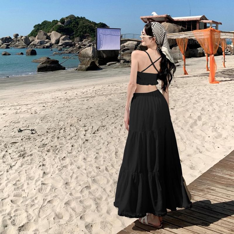 Cami A-Line Set: Ruffle Maxi Cropped Plain Top + Waist High Skirt