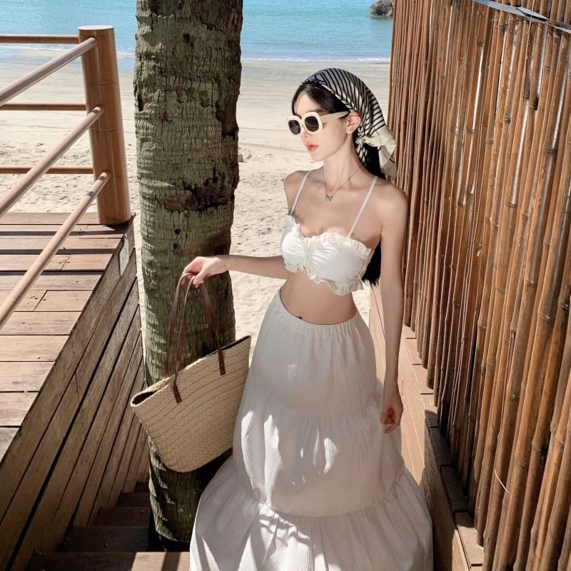 Cami A-Line Set: Ruffle Maxi Cropped Plain Top + Waist High Skirt