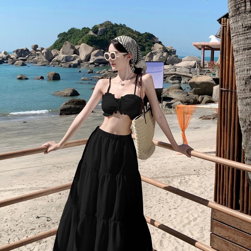 Cami A-Line Set: Ruffle Maxi Cropped Plain Top + Waist High Skirt