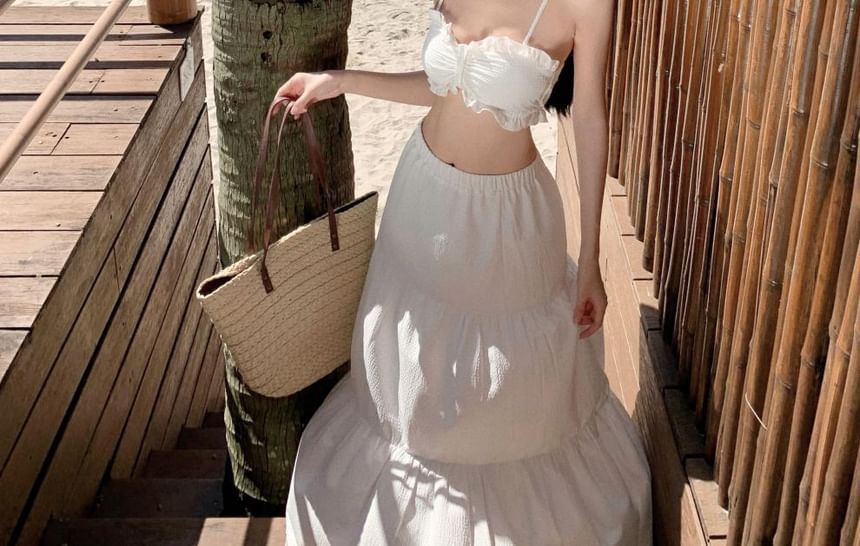 Cami A-Line Set: Ruffle Maxi Cropped Plain Top + Waist High Skirt