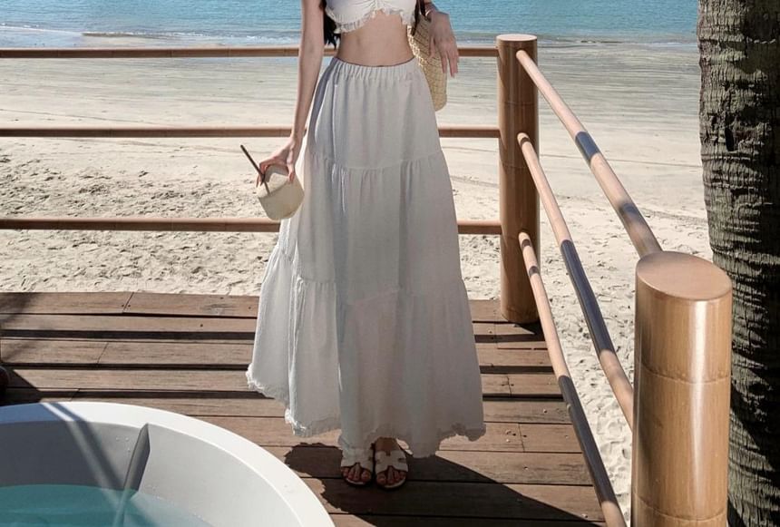 Cami A-Line Set: Ruffle Maxi Cropped Plain Top + Waist High Skirt