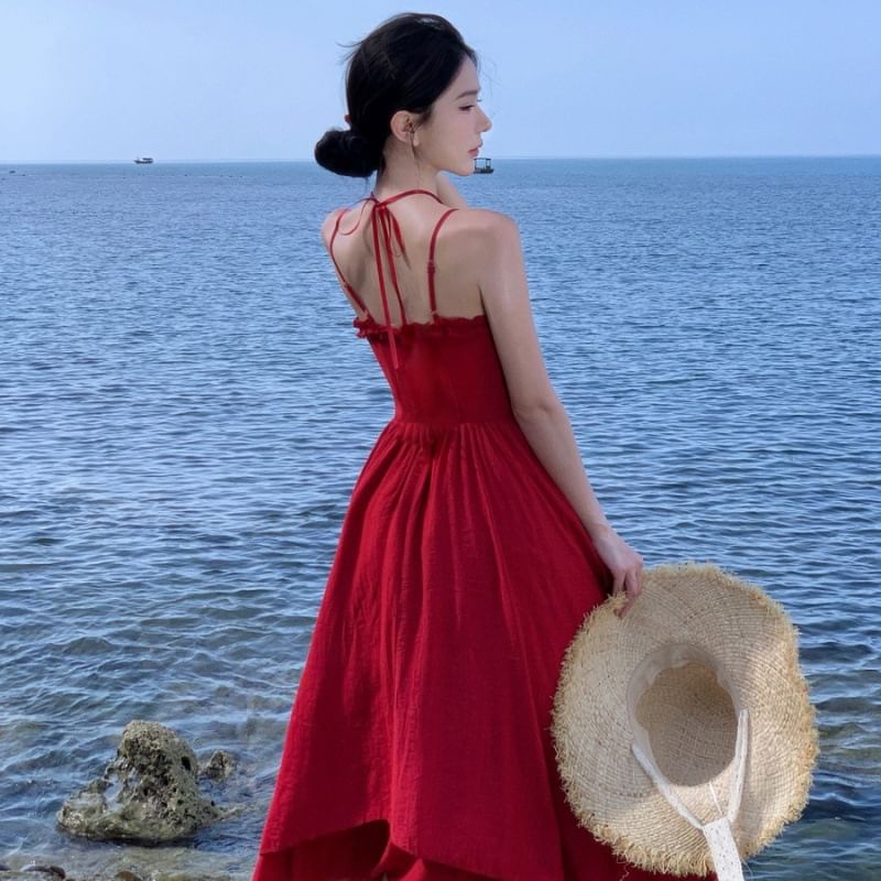 Ruffle Detail Spaghetti Flower Sundress Maxi Strap Plain