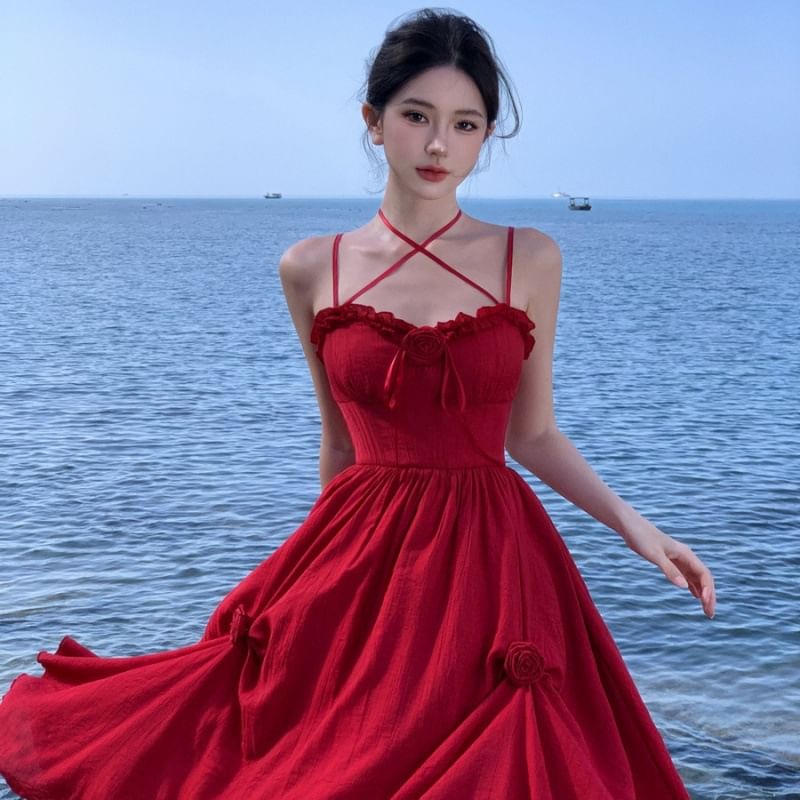 Ruffle Detail Spaghetti Flower Sundress Maxi Strap Plain