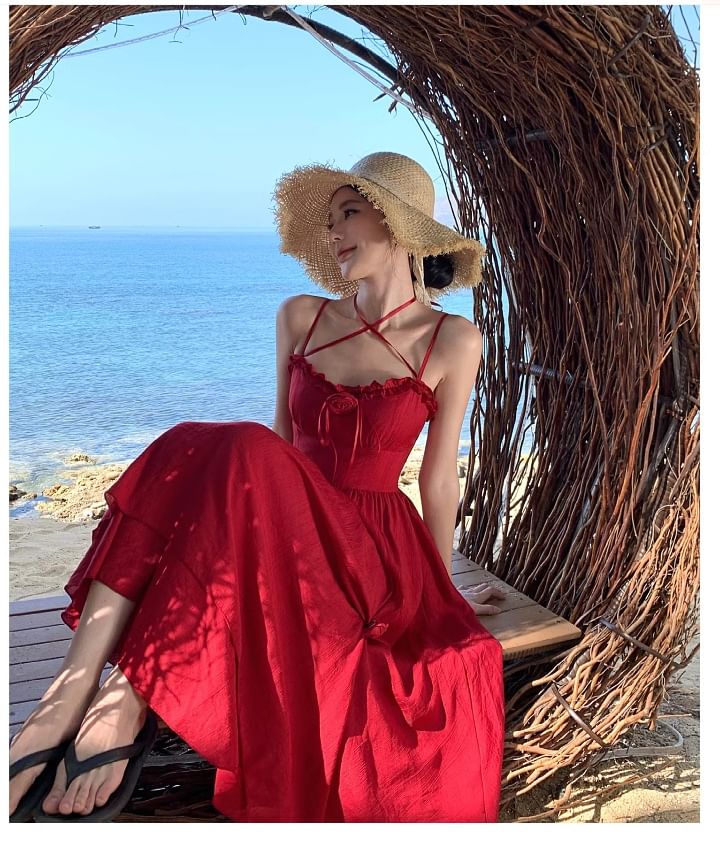 Ruffle Detail Spaghetti Flower Sundress Maxi Strap Plain