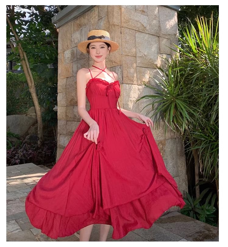 Ruffle Detail Spaghetti Flower Sundress Maxi Strap Plain