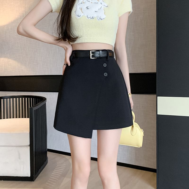 High Waist Plain Asymmetrical Buttoned Mini A-Line Skirt